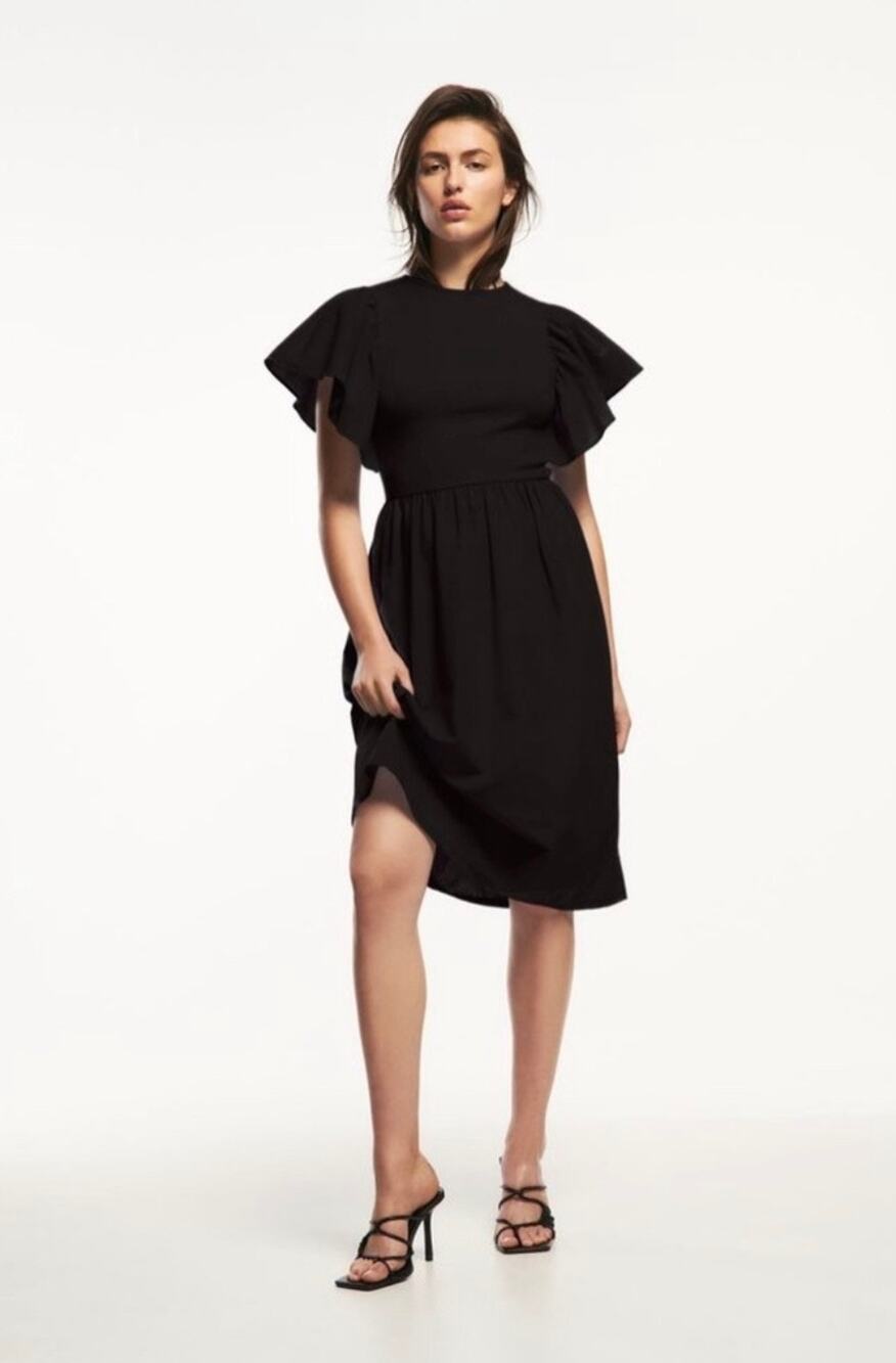 Zara Black Flutter Sleeve Midi Dress Women’s Medium M Fit Flare Romantic